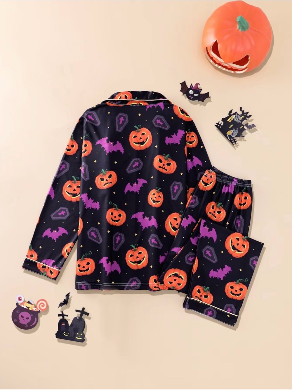 Halloween Pumpkin Print Adult Sizes Pajama Set - Black & Orange - Picture 4 of 8